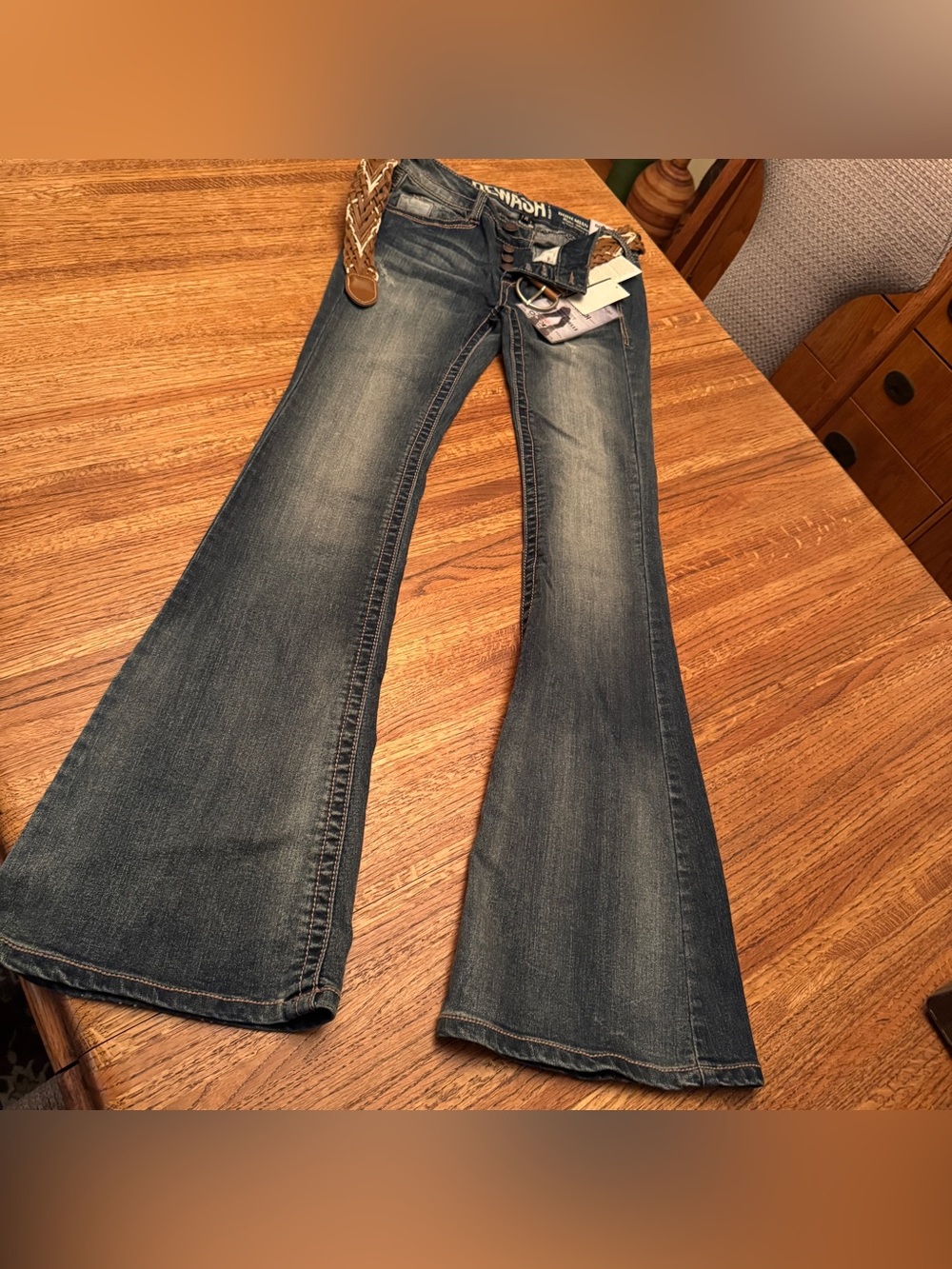 NWT Rewash Brand Bohemian Belle Dark Vintage Flare Jeans with Belt - Size 0 / 24